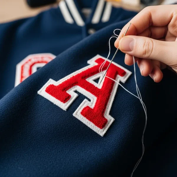 A chenille patch being sewn onto a varsity jacket sleeve with a needle and thread.