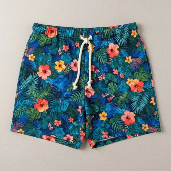 Performance sweat shorts featuring a complex, all-over sublimated colorful graphic pattern.