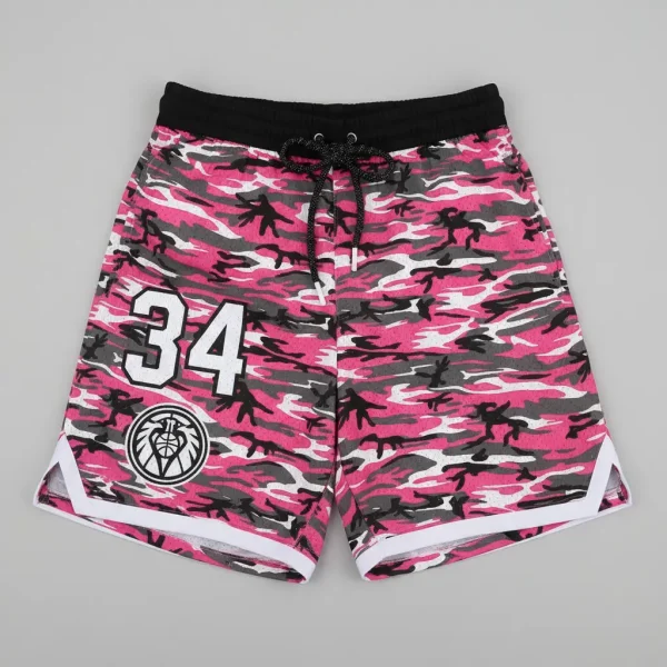 Sublimated pink woodland camo shorts.