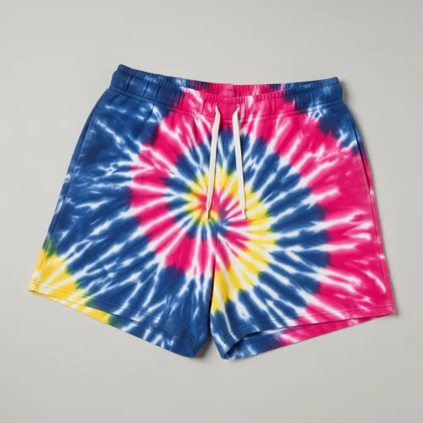Comfortable sweat shorts with a vibrant pastel tie-dye pattern including blue, pink, and yellow.