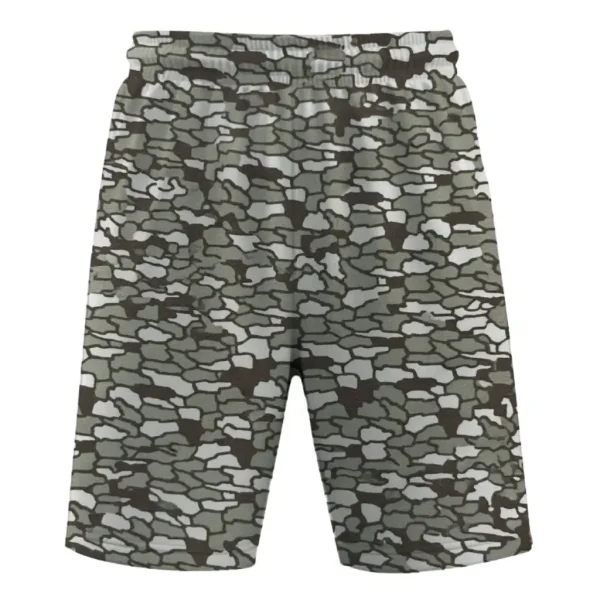 Tree bark camo mesh shorts front.