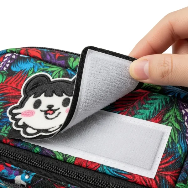 A chenille patch with a velcro back being peeled away from a corresponding velcro panel on a bag.