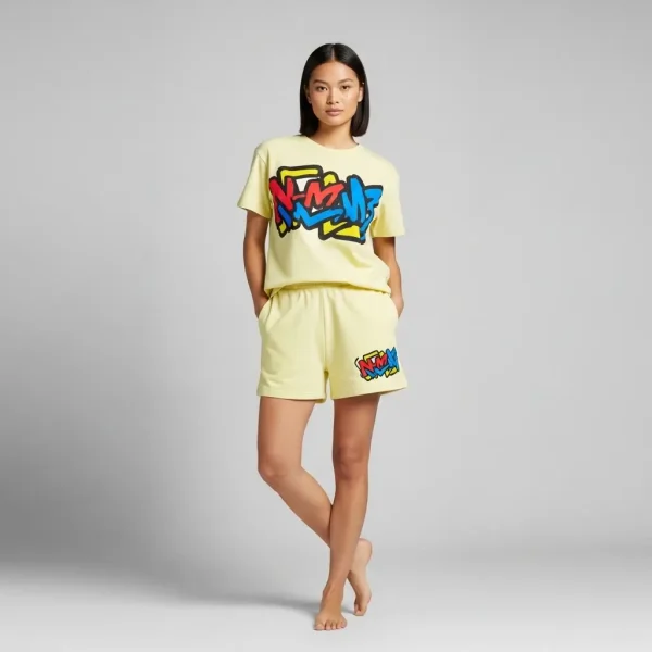 Yellow graphic printed shorts set.