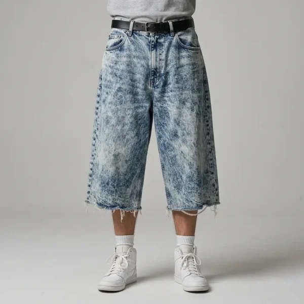 Front view of oversized denim jorts featuring a heavy acid wash finish and a relaxed, baggy fit.