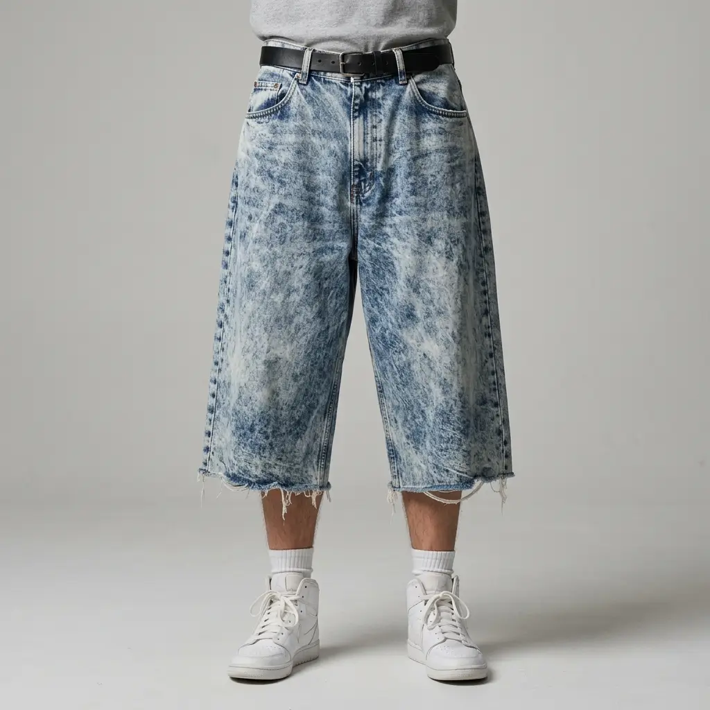 Front view of oversized denim jorts featuring a heavy acid wash finish and a relaxed, baggy fit.