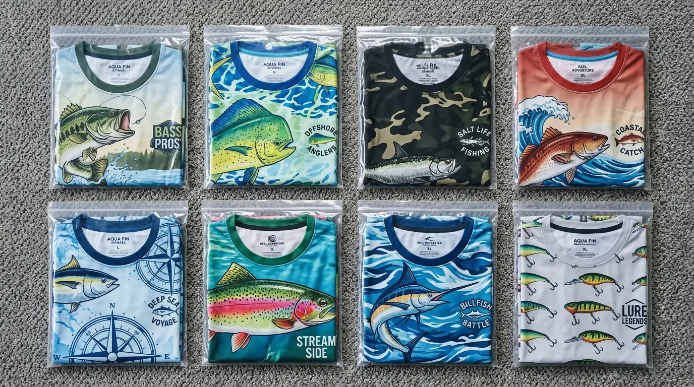 All over printed custom fishing shirts packed in envelopes.