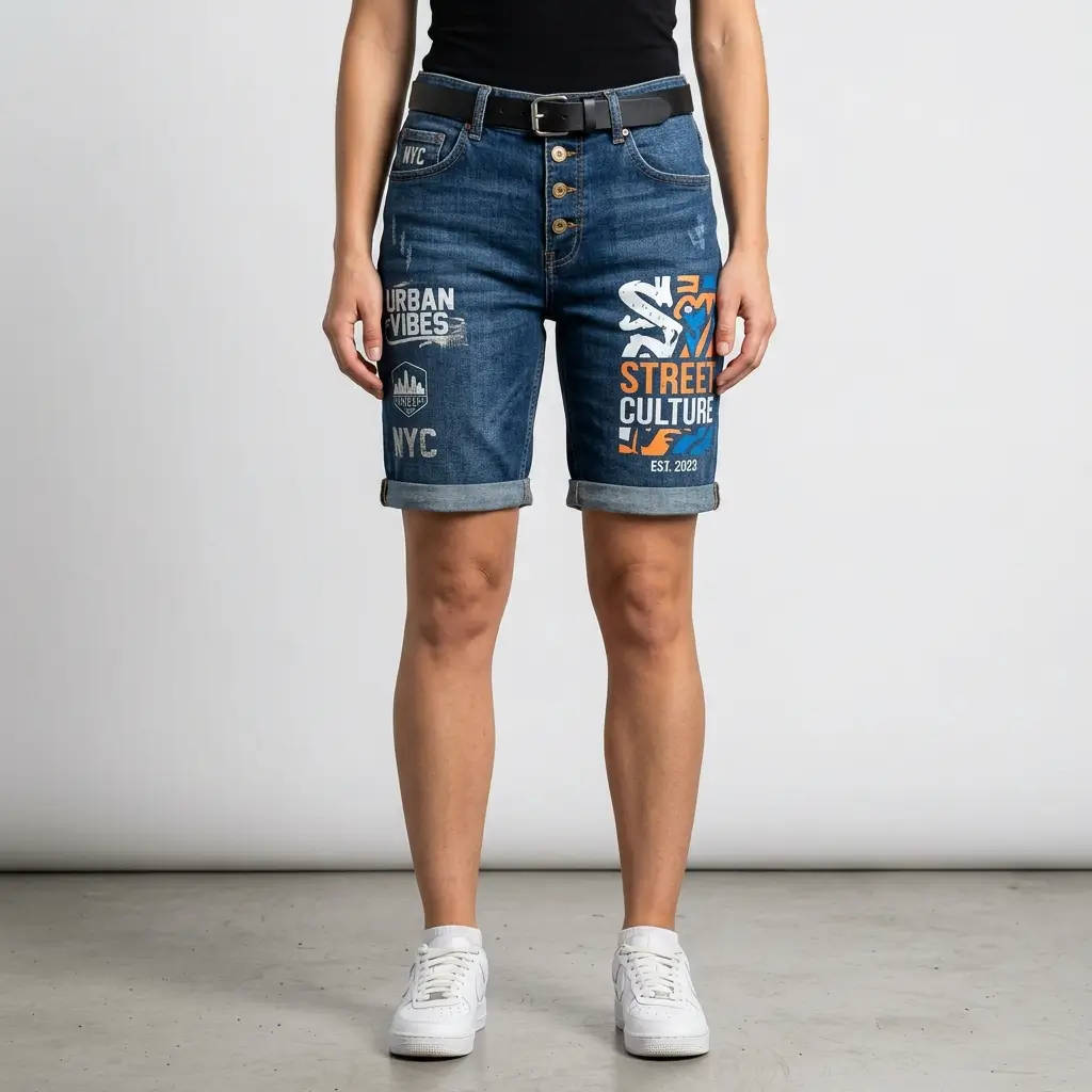Front view of long Bermuda-style denim shorts featuring custom graphic prints on both thighs.