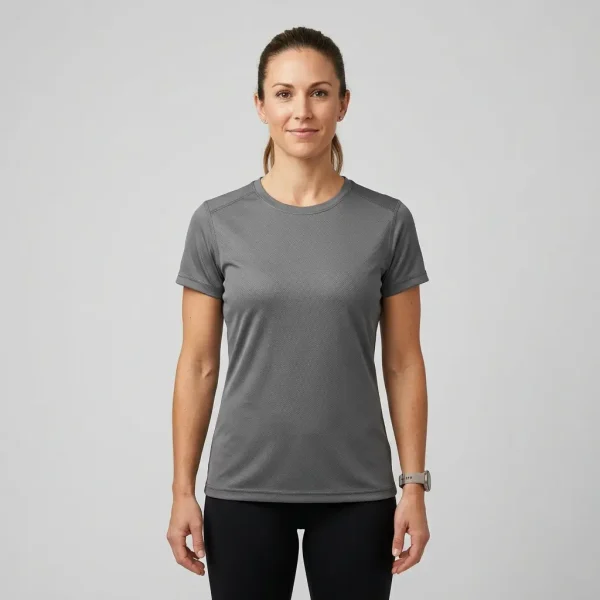 Blank short sleeve dri-fit women's fishing tee front.