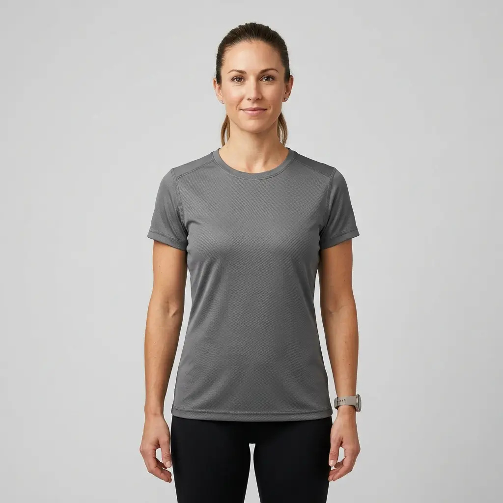 Blank short sleeve dri-fit women's fishing tee front.