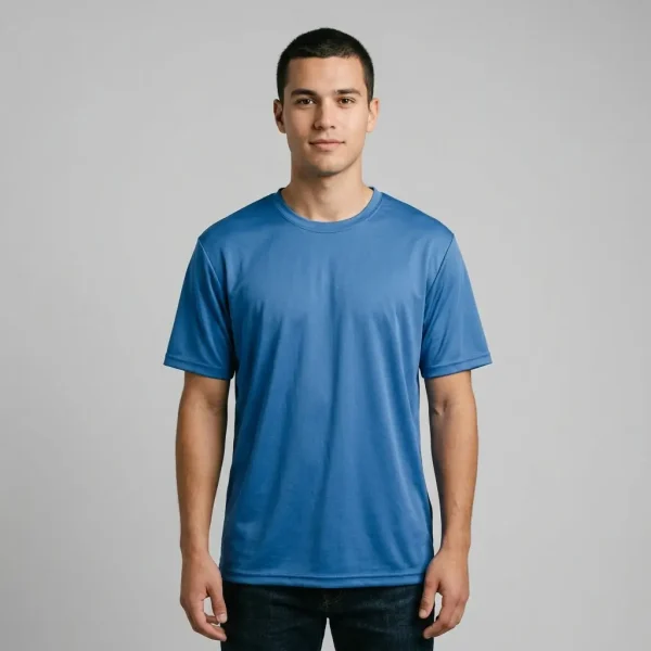 Blue loose fit dri fit shirt.