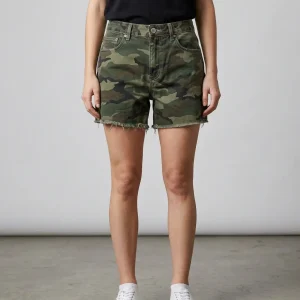 Front view of relaxed fit denim shorts featuring an all-over traditional forest camouflage pattern.