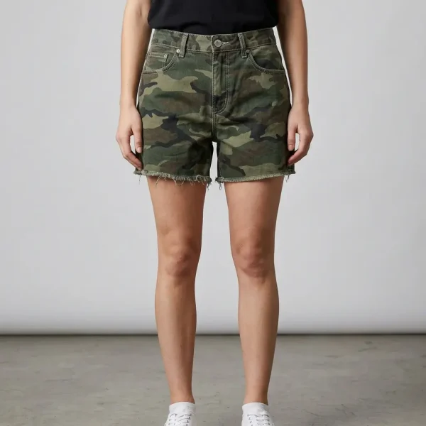 Front view of relaxed fit denim shorts featuring an all-over traditional forest camouflage pattern.