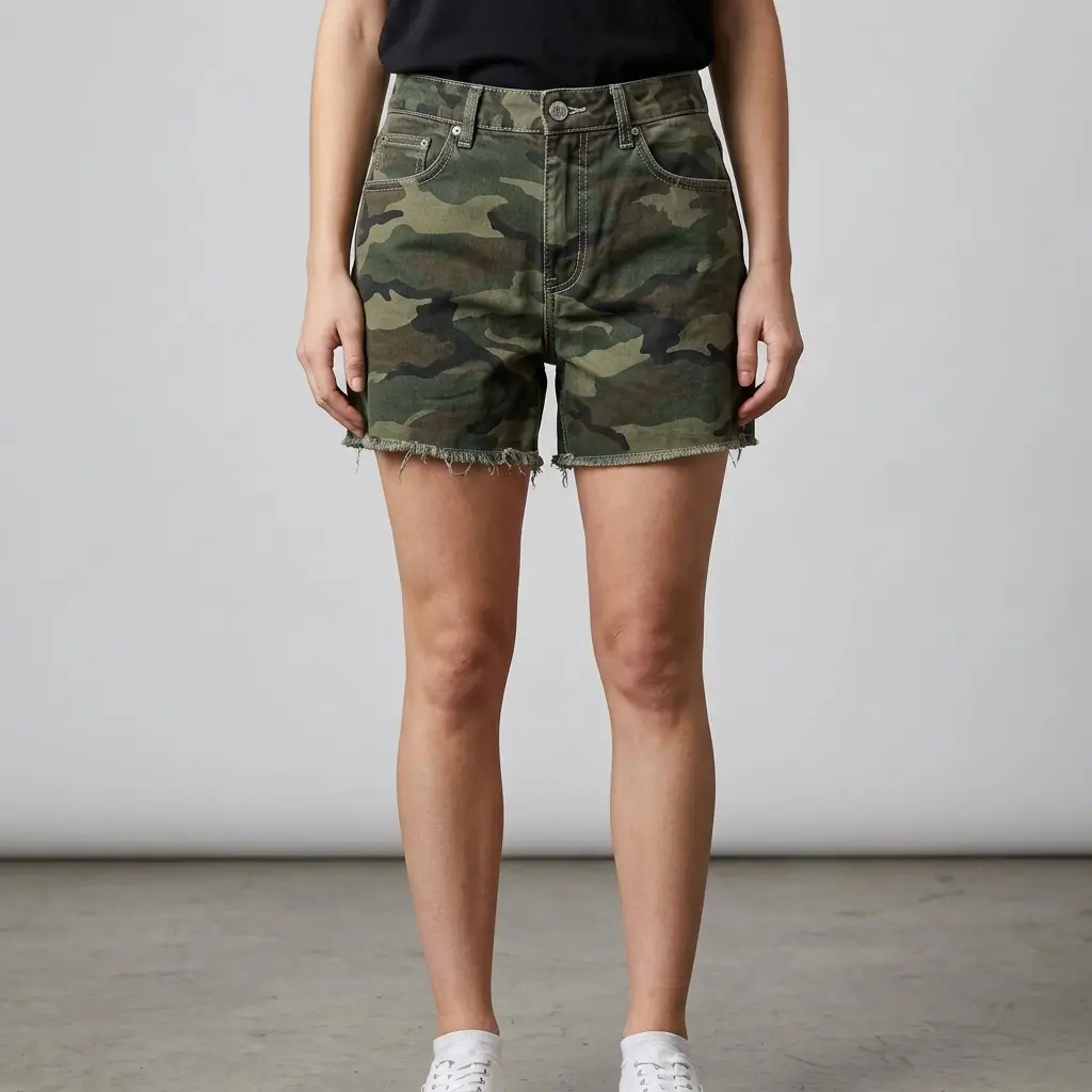 Front view of relaxed fit denim shorts featuring an all-over traditional forest camouflage pattern.