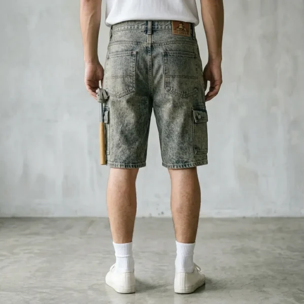 Back view of utility-style carpenter denim shorts showing tool pockets, hammer loops, and reinforced stitching.