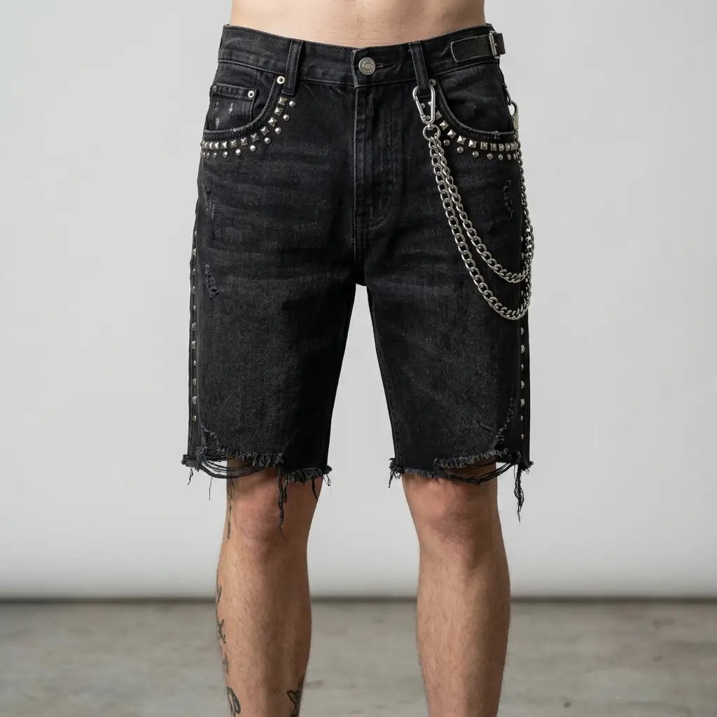 Front view of heavyweight denim jorts embellished with metallic studs and decorative side chains for a punk-inspired look.
