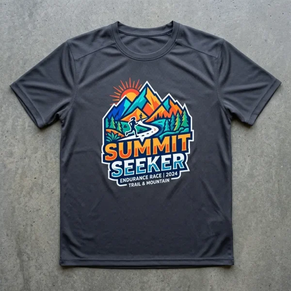 Charcoal screen printed dri fit shirt.