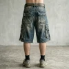 Back view of oversized baggy denim cargo shorts featuring multiple large utility side pockets.