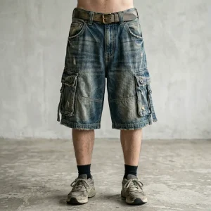 Oversized baggy denim cargo shorts featuring multiple large utility side pockets.