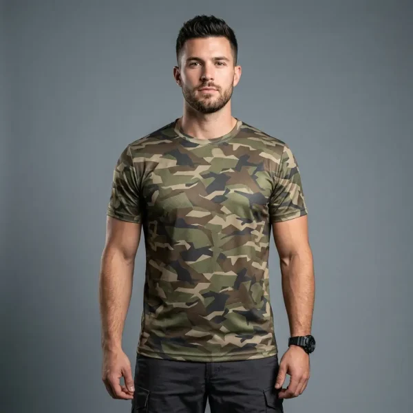 Custom camo dri fit shirt front.