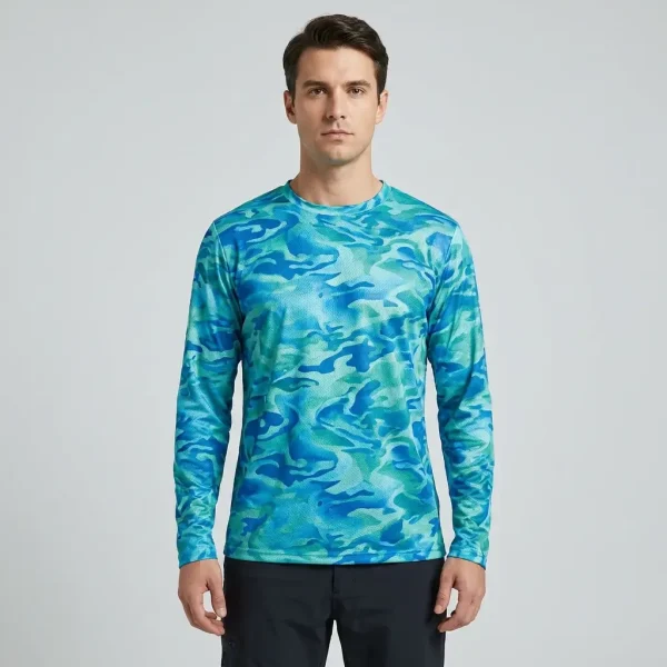 Custom sublimated long sleeve camo fishing shirt front.
