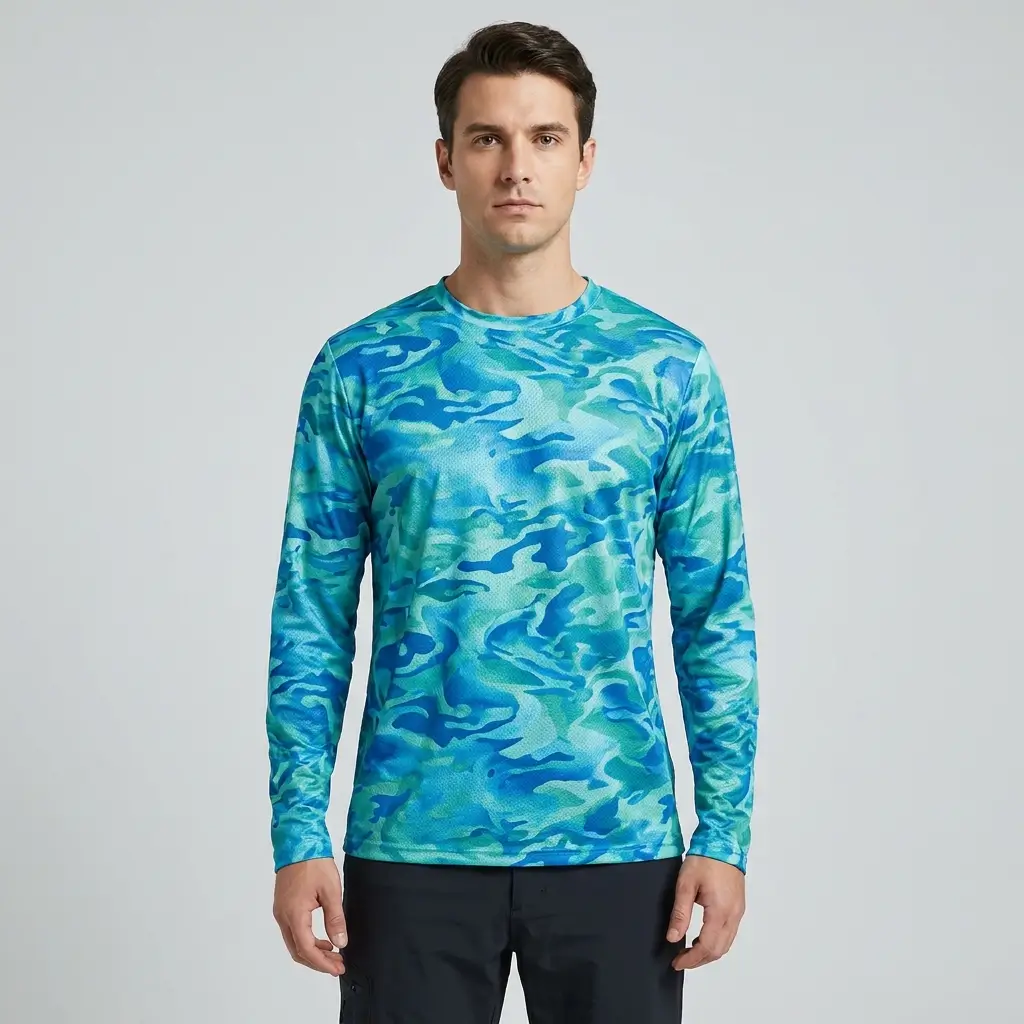 Custom sublimated long sleeve camo fishing shirt front.