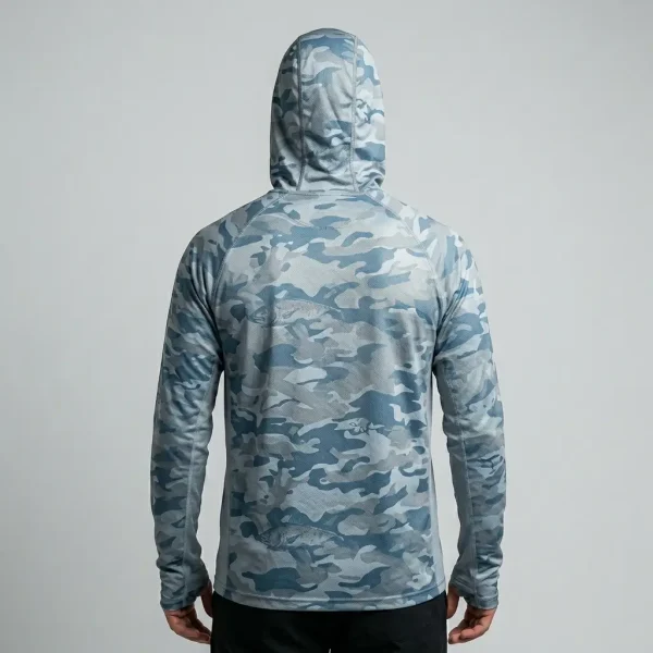 Custom camo upf 50+ hooded long sleeves fishing jersey back.