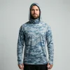 Custom camo UPF 50+ hooded long sleeves fishing jersey with face mask front.