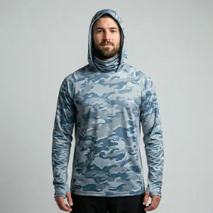 Custom camo UPF 50+ hooded long sleeves fishing jersey with face mask front.