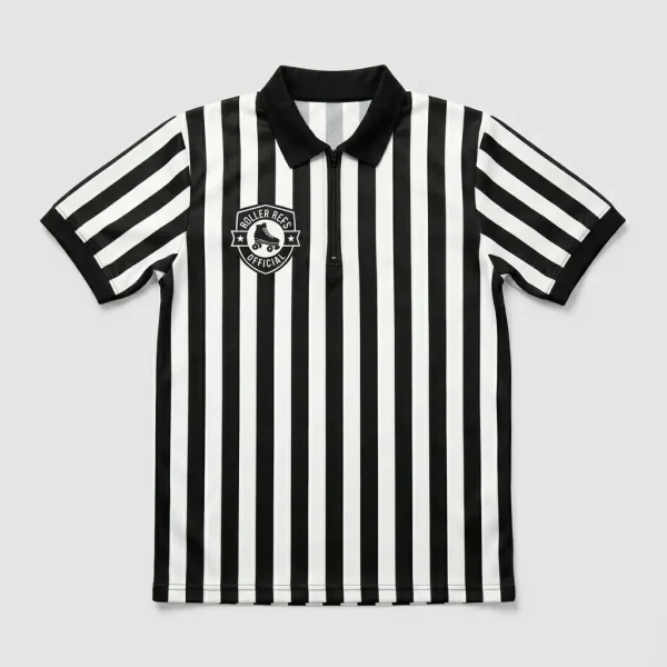 Custom collared 1/4 zip up roller derby referee jersey front.