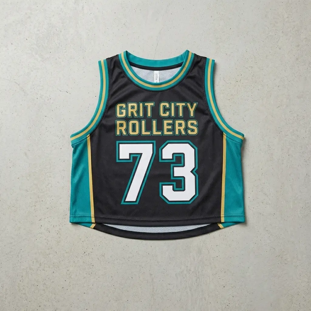 Custom cropped roller derby jersey front.