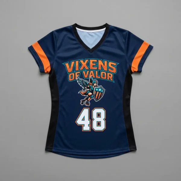 Custom curved fit roller derby jersey front.