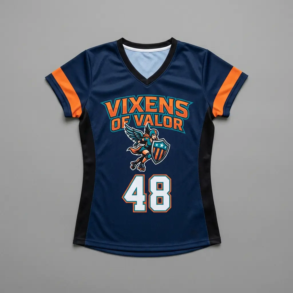 Custom curved fit roller derby jersey front.