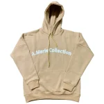 Custom distressed applique embroidered beige hoodie front.