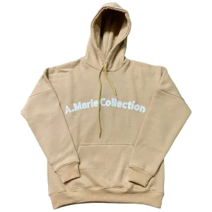 Custom distressed applique embroidered beige hoodie front.