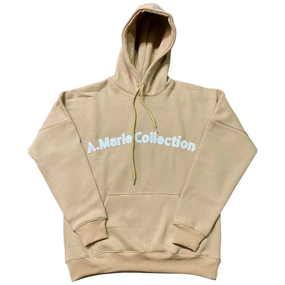 Custom distressed applique embroidered beige hoodie front.
