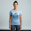 Custom dri-fit v-neck women's fishing shirt front with screen printed graphics.