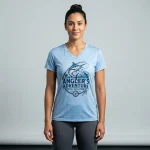 Custom dri-fit v-neck women's fishing shirt front with screen printed graphics.