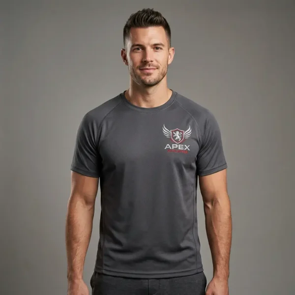 Custom embroidered dri-fit t-shirt front.