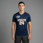 Custom heat transfer vinyl printed v-neck dri-fit t-shirt front.