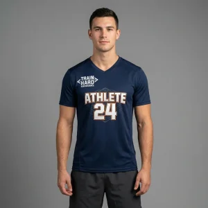 Custom heat transfer vinyl printed v-neck dri-fit t-shirt front.