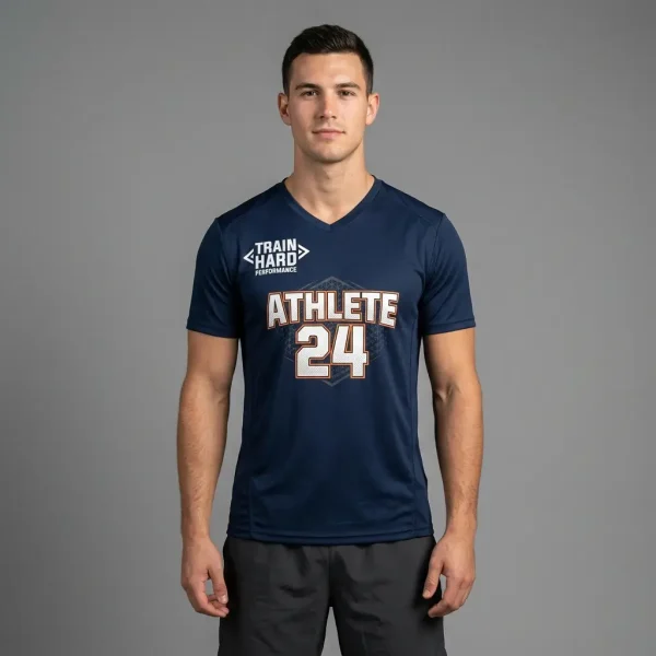 Custom heat transfer vinyl printed v-neck dri-fit t-shirt front.