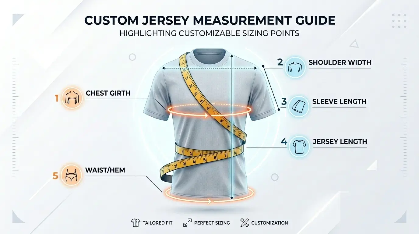 A technical measurement guide showing how to measure chest, length, and sleeve for a perfect jersey fit.