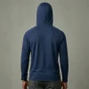 Custom navy blue hooded dri fit shirt back.