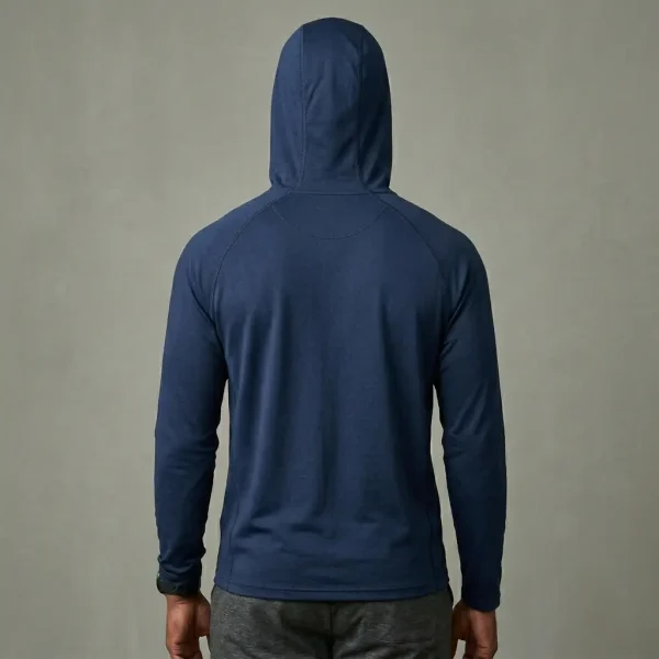Custom navy blue hooded dri fit shirt back.