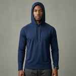 Custom navy blue hooded dri fit shirt front.