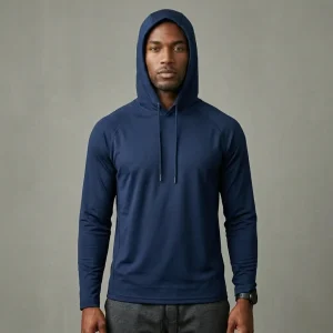 Custom navy blue hooded dri fit shirt front.