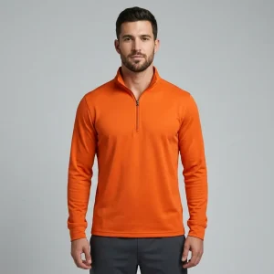 Custom orange qaurter zip dri fit shirt front.