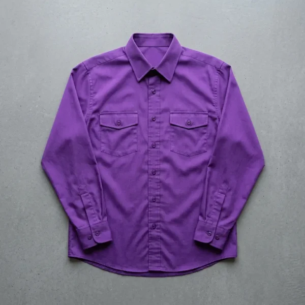 Custom purple full button-up shirt.