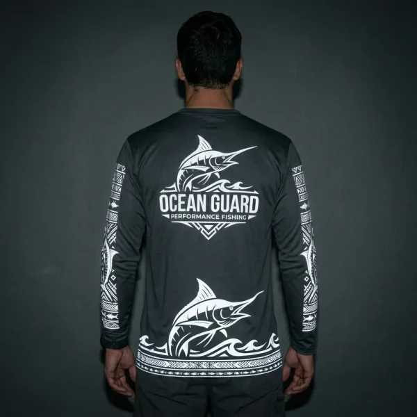 Custom long sleeve reflective print night fishing shirt back.