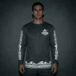 Custom long sleeve reflective print night fishing shirt front.